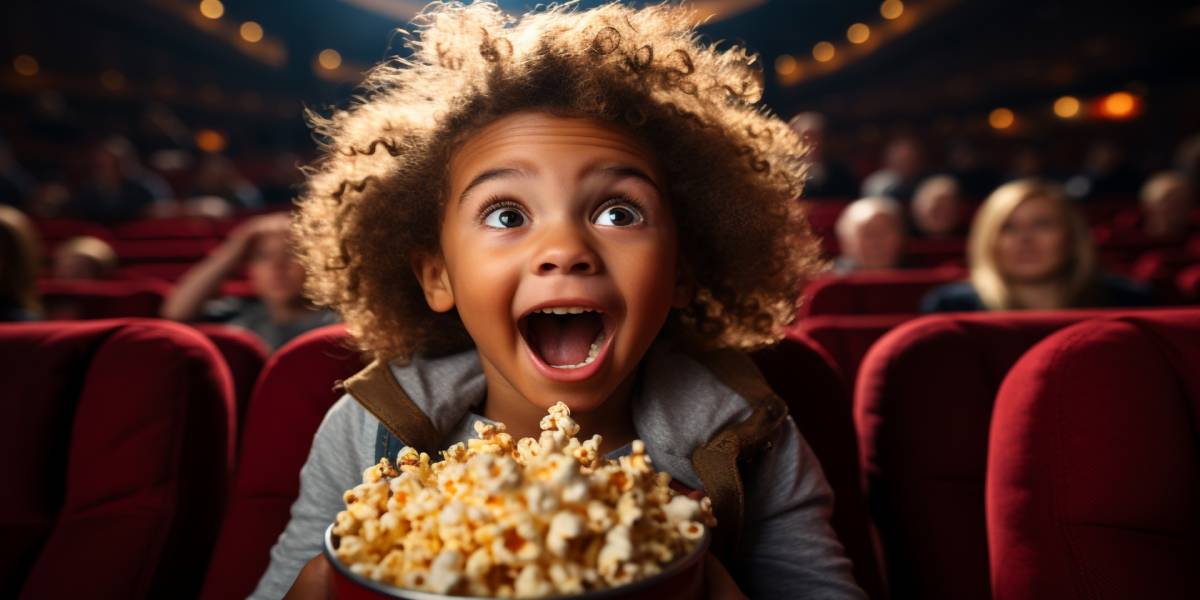 A child eating popcorn in a theatre